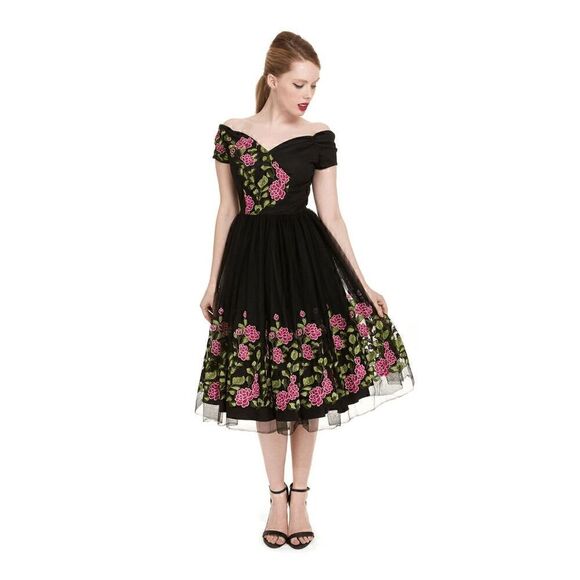 🌸 NWT Off Shoulder Retro Pinup Vintage 1950s Mesh Floral Embroidered Dress XL - Picture 13 of 16